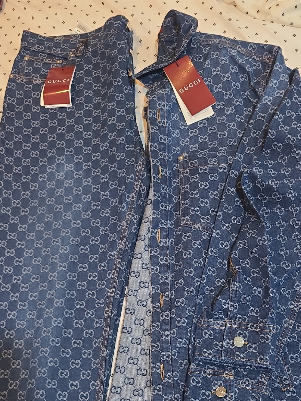 Set Of Gucci Men's Blue Monogram Denim Button-Down Shirt and Pants.